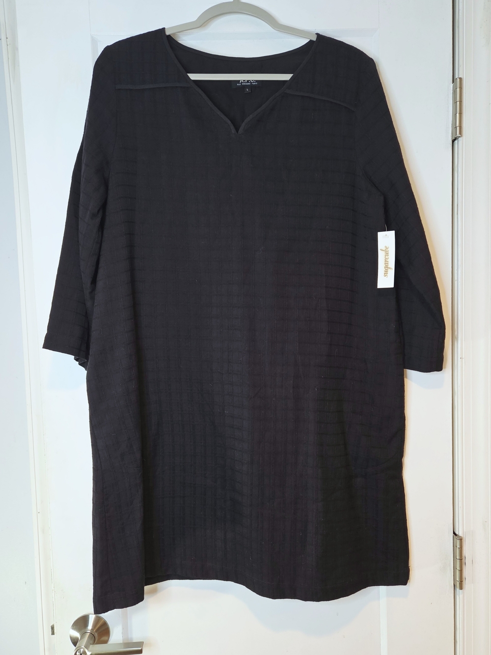 A.P.C. Black Textured Shift Dress Minimalist Tunic Dress L